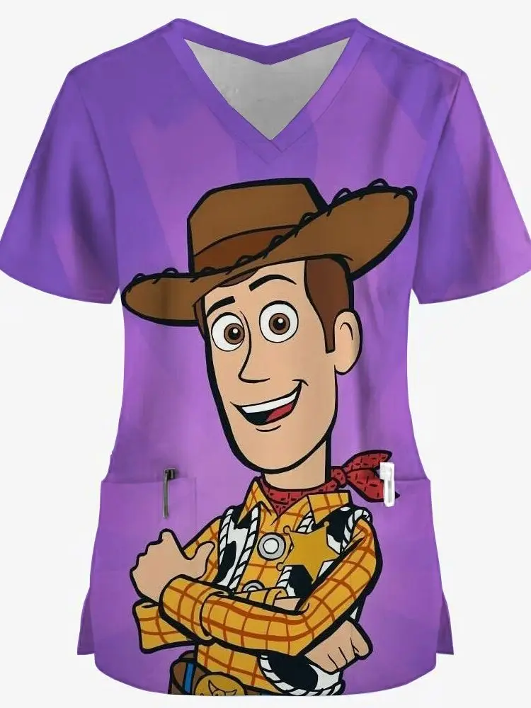 Women Working Uniform Smile Disney Toy Story print Cartoon Short Sleeve V-neck Tops Femme Blouse Nurse work wear Medical Uniform