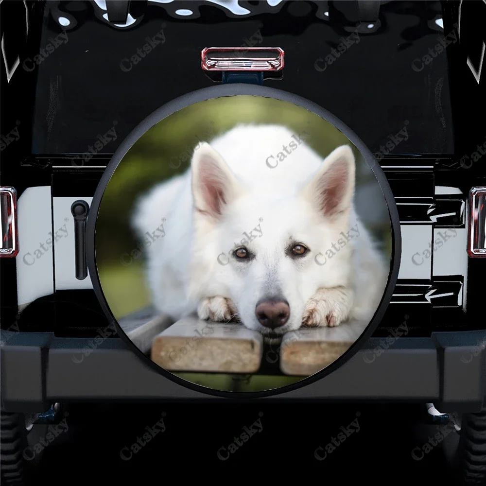 Animal Berger Blanc Suisse Print Spare Tire Cover Waterproof Tire Wheel Protector for Car Truck SUV Camper Trailer Rv