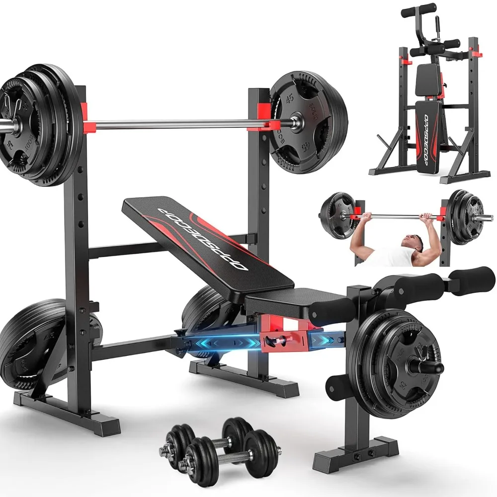 

900 LBS Weight Bench Set with Squat Rack, Adjustable Bench Press Set with Leg Extension and Leg Curl, Foldable, Customized