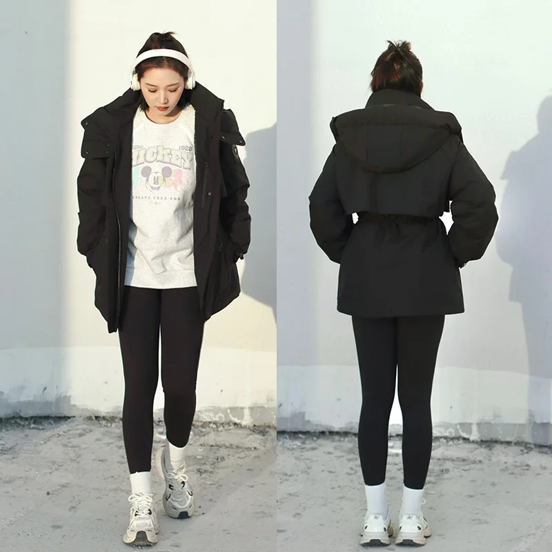 Chericom Winter Down Jacket Stand-up Collar Attached Hood Waist Drawstring Side Angled Insert Pockets Women's Outerwear Y308060Y