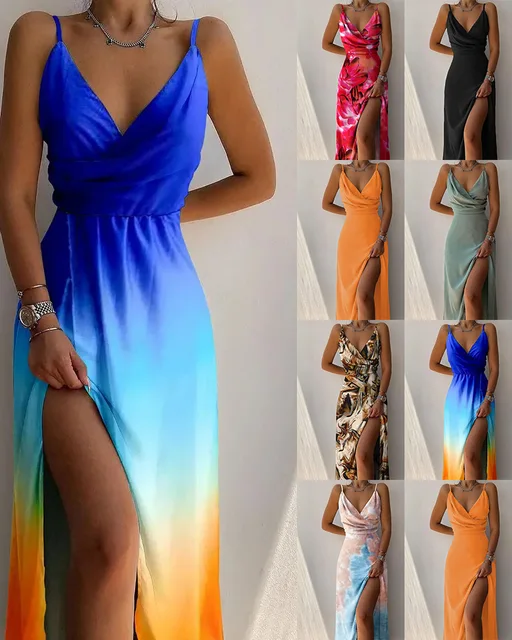Eleganckie damskie seksowne długie sukienki 2023, letnia moda z nadrukiem Gradient Solid Out Off Shoulder V-Neck Kobieca sukienka na ramiączkach S-XXXL