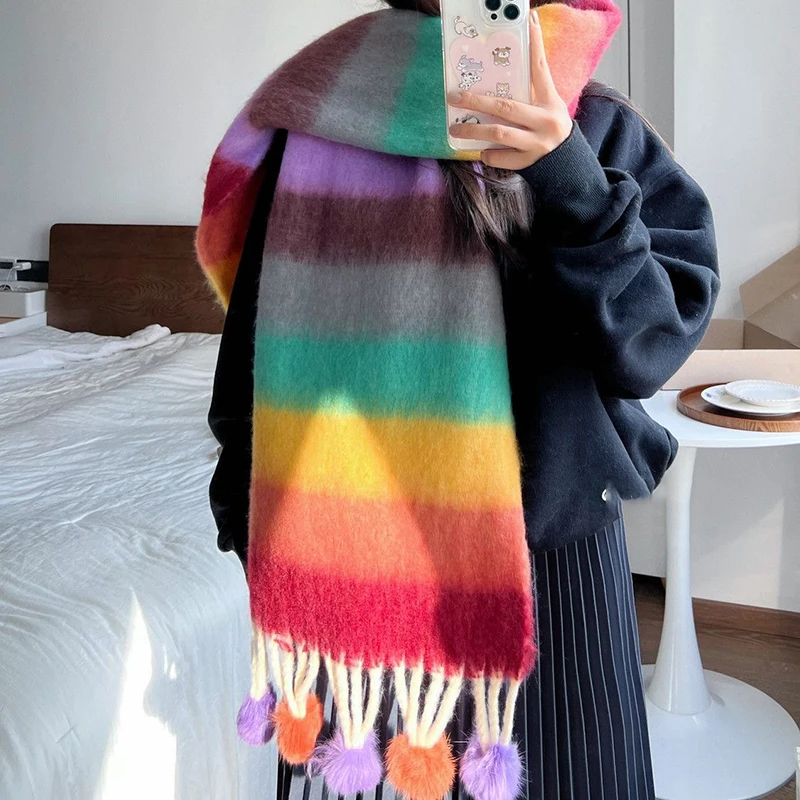 Winter Scarf for Women Colorful Striped Hairball Pashmina Scarves Wraps Female Thick Soft Bufanda Big Tassels Shawl Long Shawl