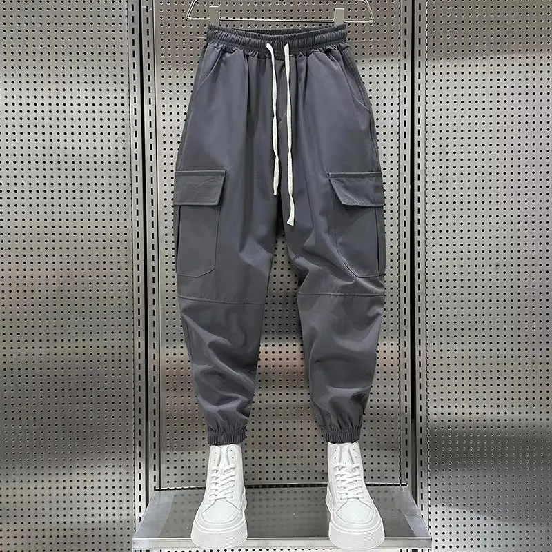 

Летние мужские повседневные свободные брюки-шаровары из ледяного шелка с широкими штанинами для работы, с эластичным поясом, из полиэфирного волокна