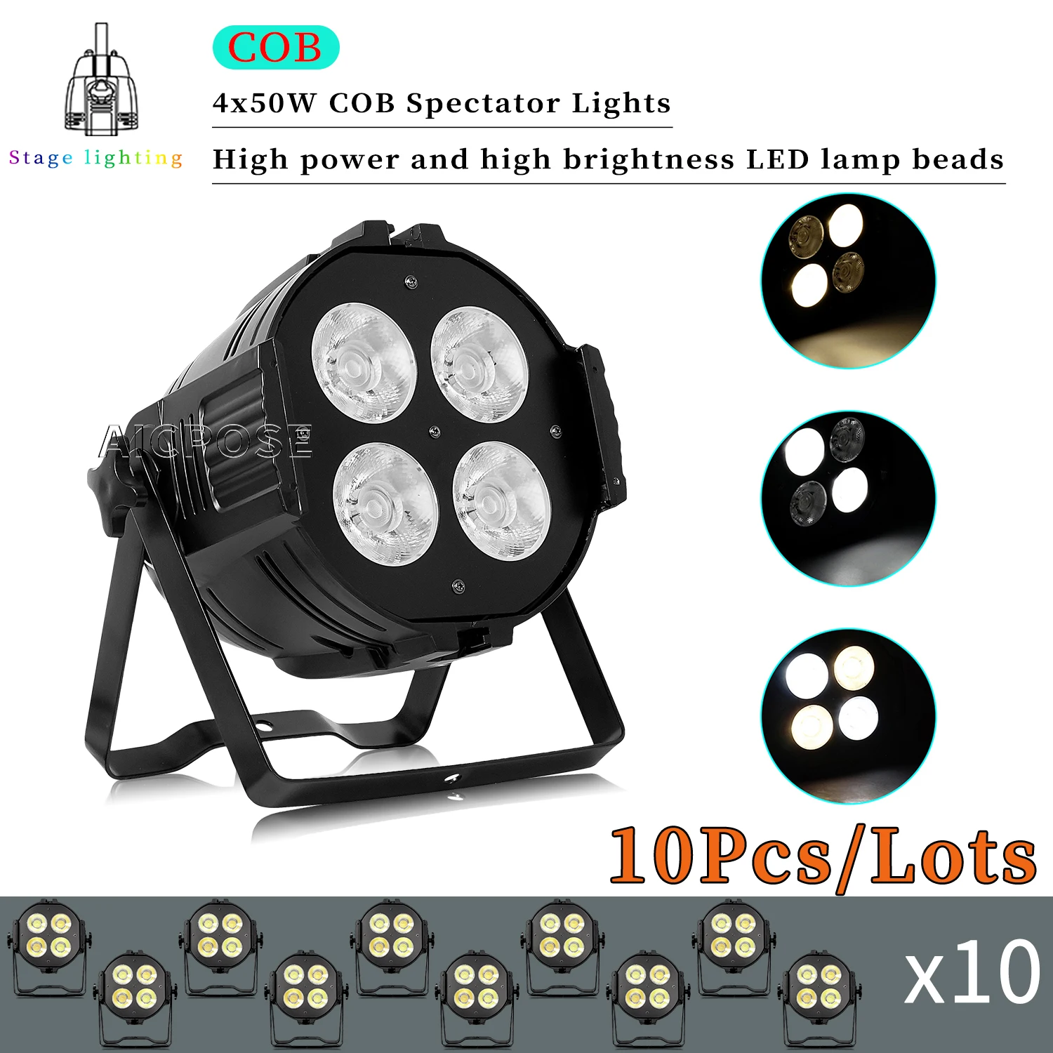 

10 шт./лот, 4x50 Вт, холодный белый/теплый белый, 4 глазки, стробоскоп COB, сценический светильник, управление DMX, DJ, дискотека, освещение для бара, танцпола