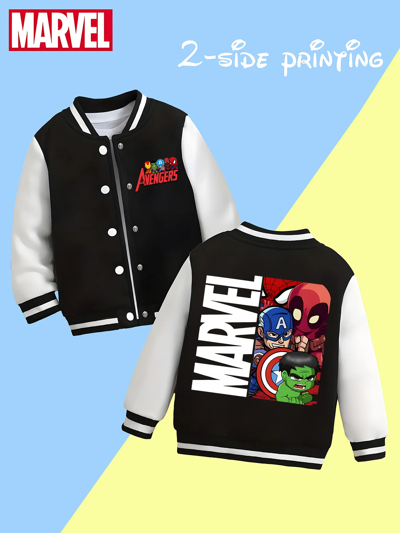 

MINISO Marvel Boys Baseball Jacket - Avengers Hero Print, Classic Black and White, Soft Fabric for Warmth, Comfort and Skin-Frie
