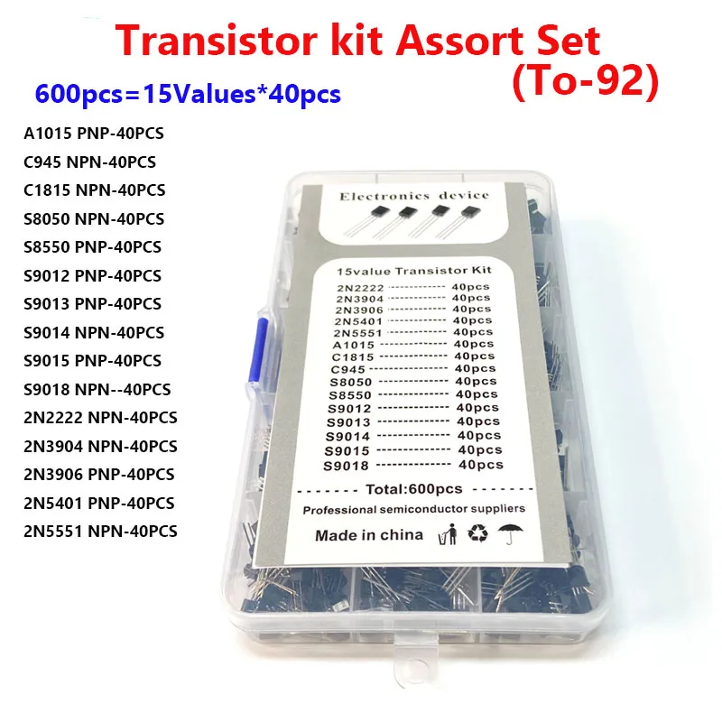 TO-92 Transistor Kit Assortment Box 2222 5551 C945 13001 8050 8550 A42 A92 PNP/NPN Transistors Set Electronics Kit