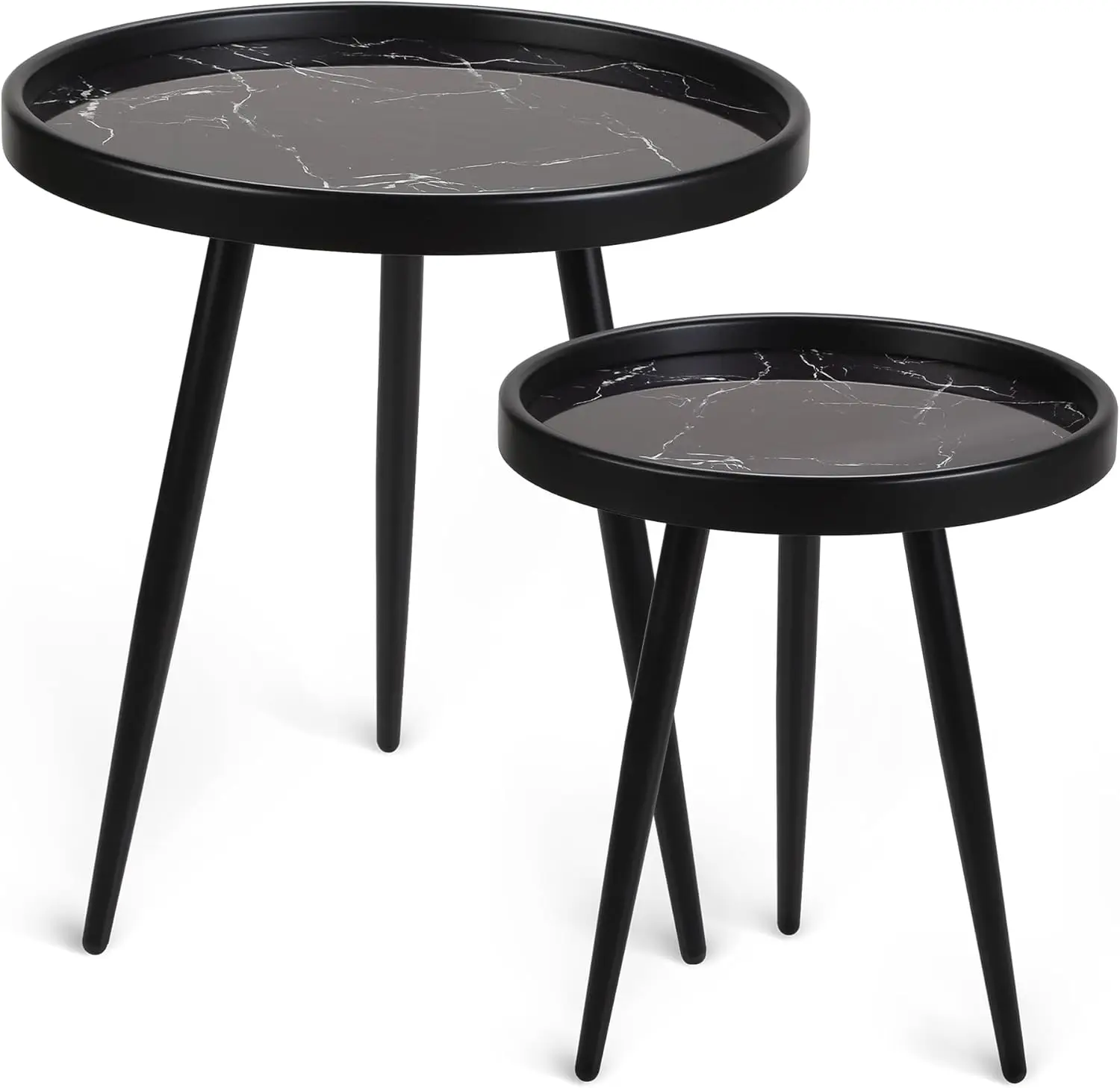 Round Side Table Set Of 2,Black Marble Pattern Circle End Table,Small Coffee Table,Accent Table,Tiny Nightstand,Indoor Plant