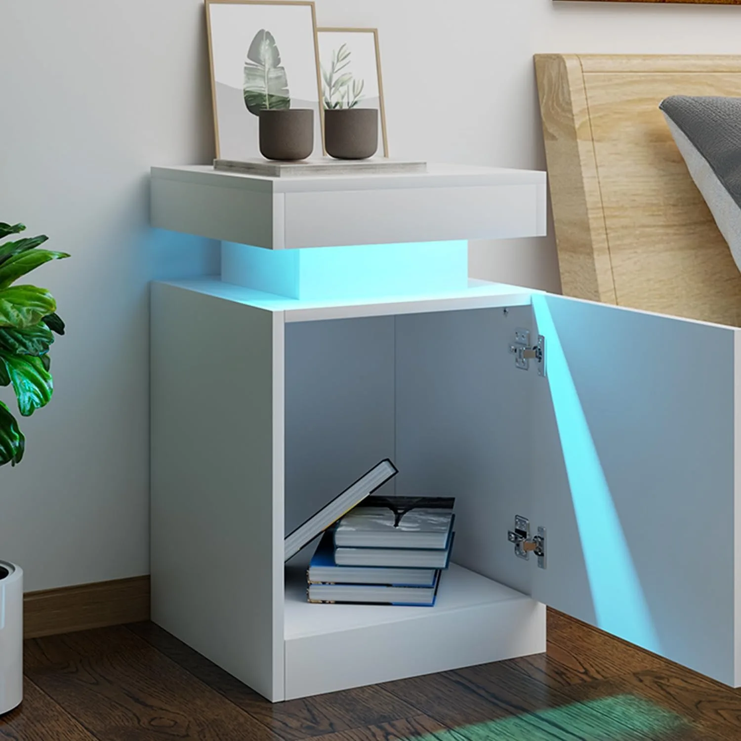 Comodino set di 2 con luci a LED, comodino con armadio portaoggetti per camera da letto, comodino con LED, bianco