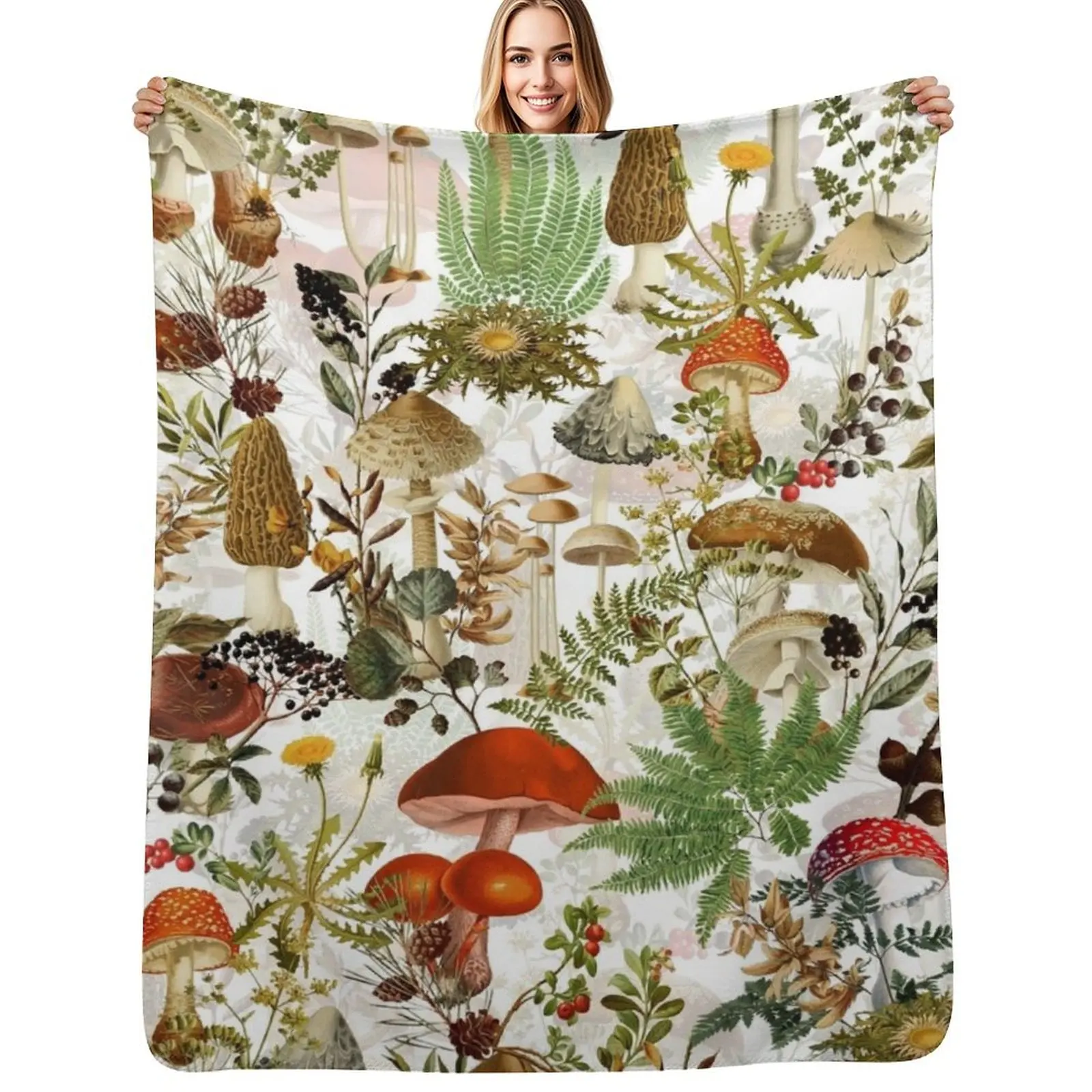 

Vintage Midnight Mushrooms Forest Botanical Garden Pattern - White Throw Blanket Decorative Sofas Personalized Gift Blankets