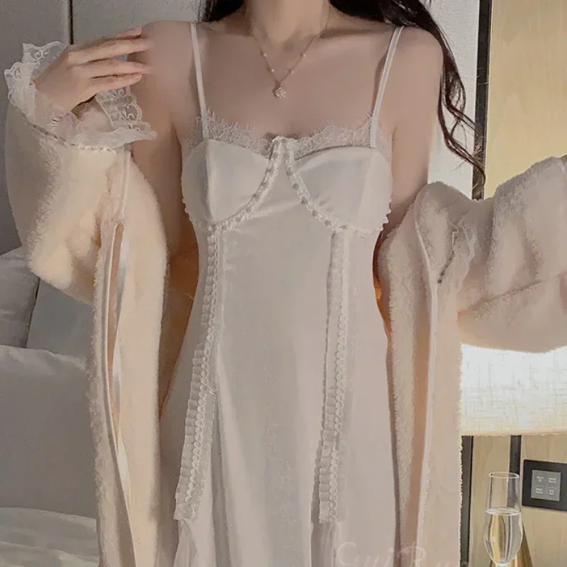 Fairy Lace V Neck Long Nightdess Two Pieces Cute Princess Sleepwear Nightwear Autumn Winter Women Sweet White Peignoir Robe Sets