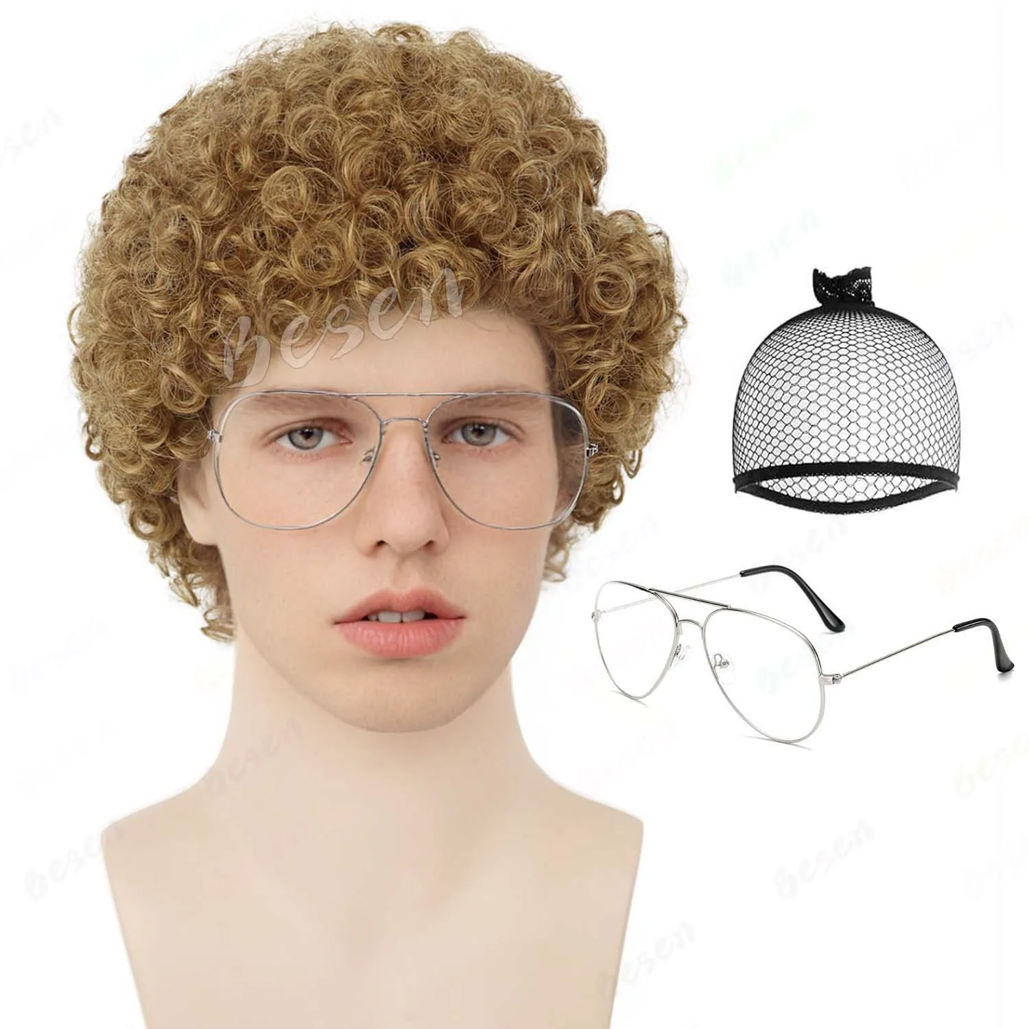 Synthetic Short Brown Afro Curly Wig with Glasses Men's Nerd Napoleon Cosplay Wig Crazy Funny Party Wigs for Halloween Cosplay