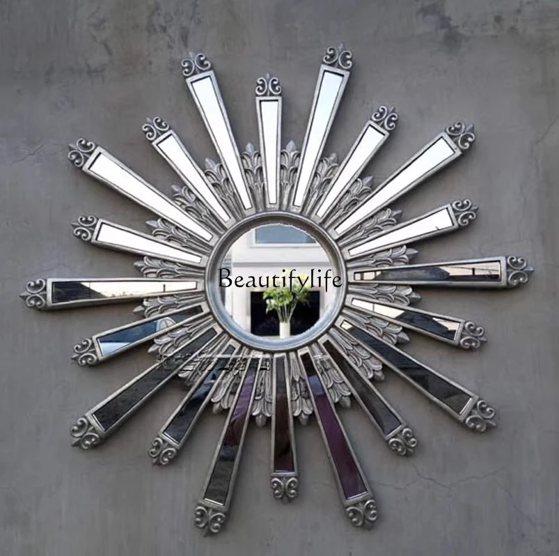 

European-style carved sun decoration American background wall wall wall hanging mirror Entrance mirror customization