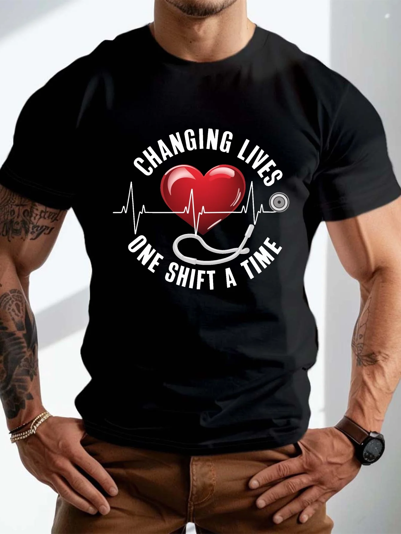 Plus-Size Men's Summer T-Shirt, Short-Sleeve T-Shirt with Medical Stethoscope 