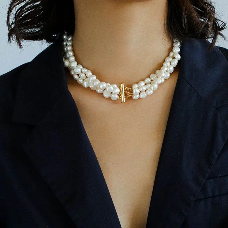 

Brass With 18K Gold Natural Pearl Beads Choker Necklace Women Jewelry Punk Designer Runway Rare Gown Boho Japan Korean