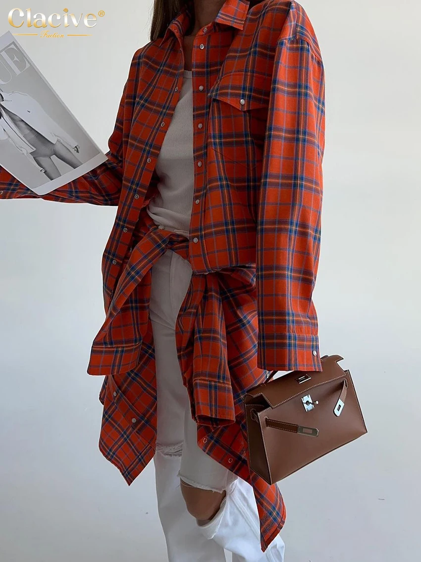 ClacMarkets-Chemisier à carreaux pour femme, haut à boutonnage simple, chemise à manches longues, revers élégant, vintage, surdimensionné, mode 2023
