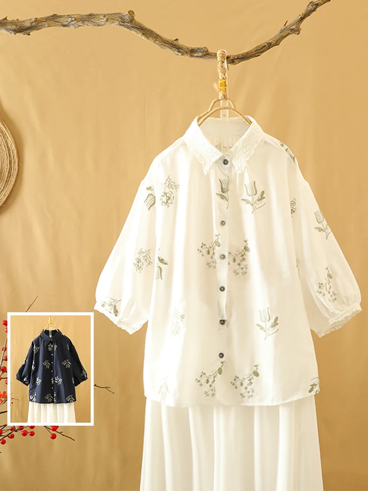 

Artistic Lace Splicing Embroidered Flax irt Summer Large Size Women's Collar f Sve irt Age Reduction Versatile...