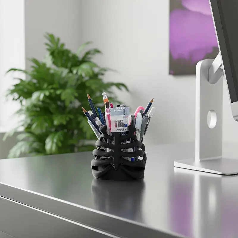 3D Printed Rib Cage Pen Holder, Gothic Pencil Cup, Desktop Desk Organizer, Halloween Decorative Ornament For Office Table