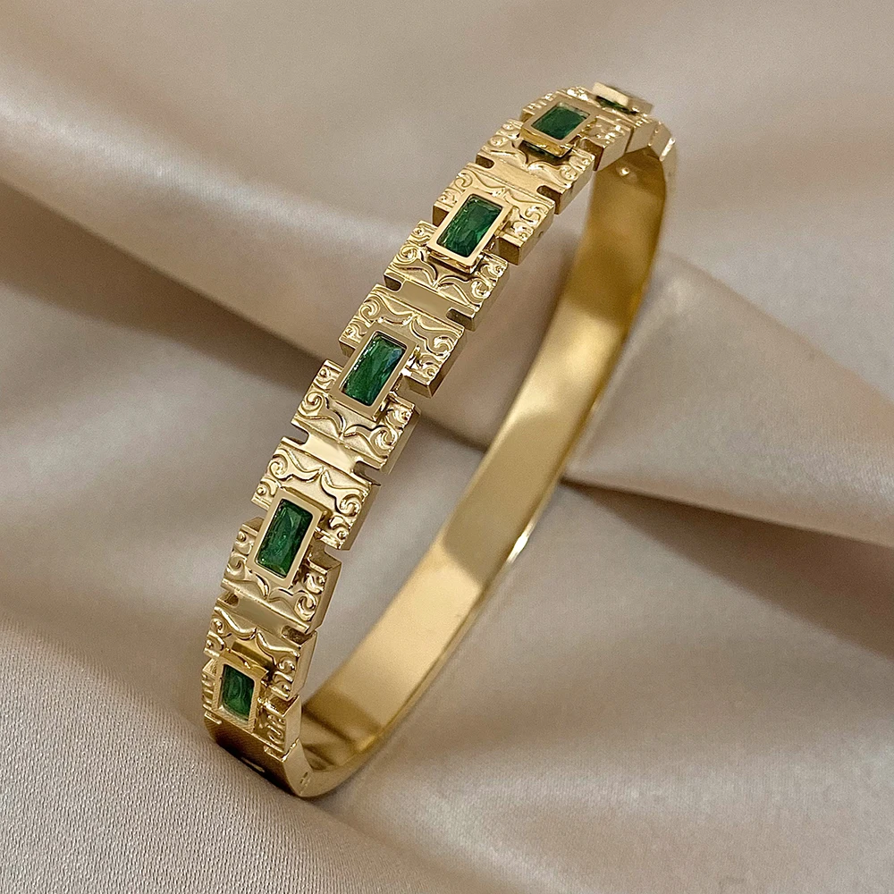 Flashbuy Trendy Chic Green Zircon Stainless Steel Bangle Bracelets for Women Charm Texture Simple Gold Color Accessories