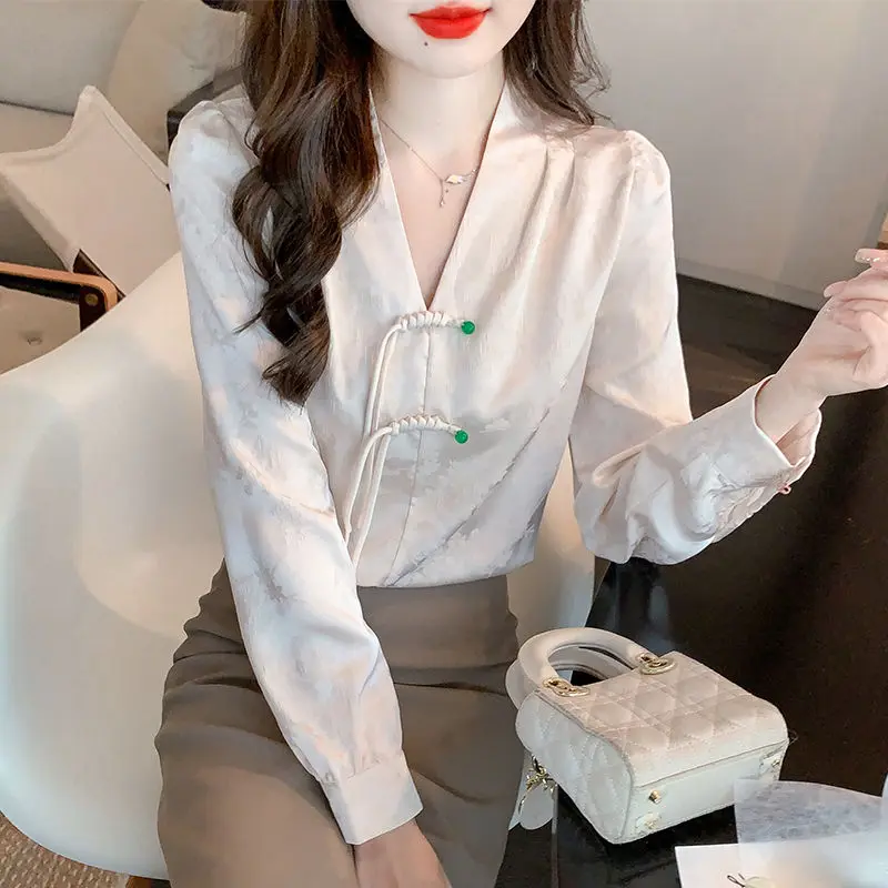 2024 Spring Autumn Women Chinese Style Vintage Satin Blouse Elegant Chic V Neck Slim Shirt Female Casual Solid Long Sleeve Tops