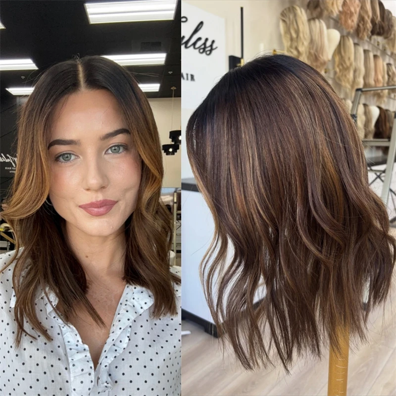 

Парик 180% Плотность Ombre Блондинка Коричневый Парик Короткая Волна Боб Предварительно Сорванные Волосы Средняя Часть Синтетический HD Парик Фронта Шнурка Натуральный Парик 14 дюймов