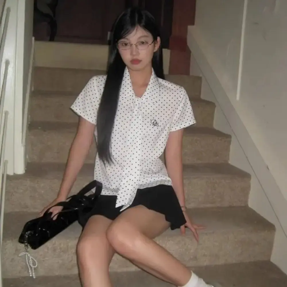 

Short Polka Dot Shirt Korean Style Streetwear Women Polka Dot Blouse Half Circle Design Ruffle Long Sleeve Tops Lady Business