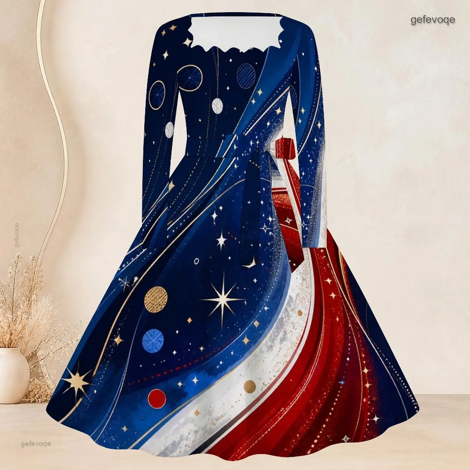 Vestido Midi de Manga Larga para Mujer, Cuello Cuadrado con Volantes, Lazo en la Cintura, Falda Evase, Estampado Personalizado, Elegantes Vestidos de Fiesta para Damas