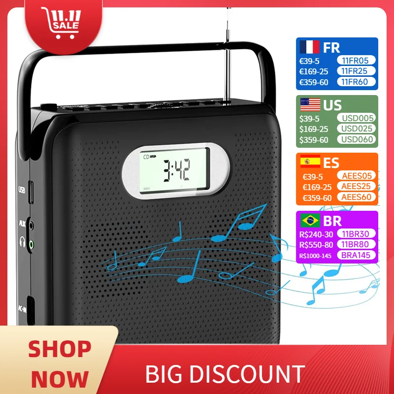 Reproductor de CD portátil multifunción con Bluetooth 5,0, reproductor de música de CD Con altavoz incorporado, reproducción sin pérdidas con USB, función de Radio FM