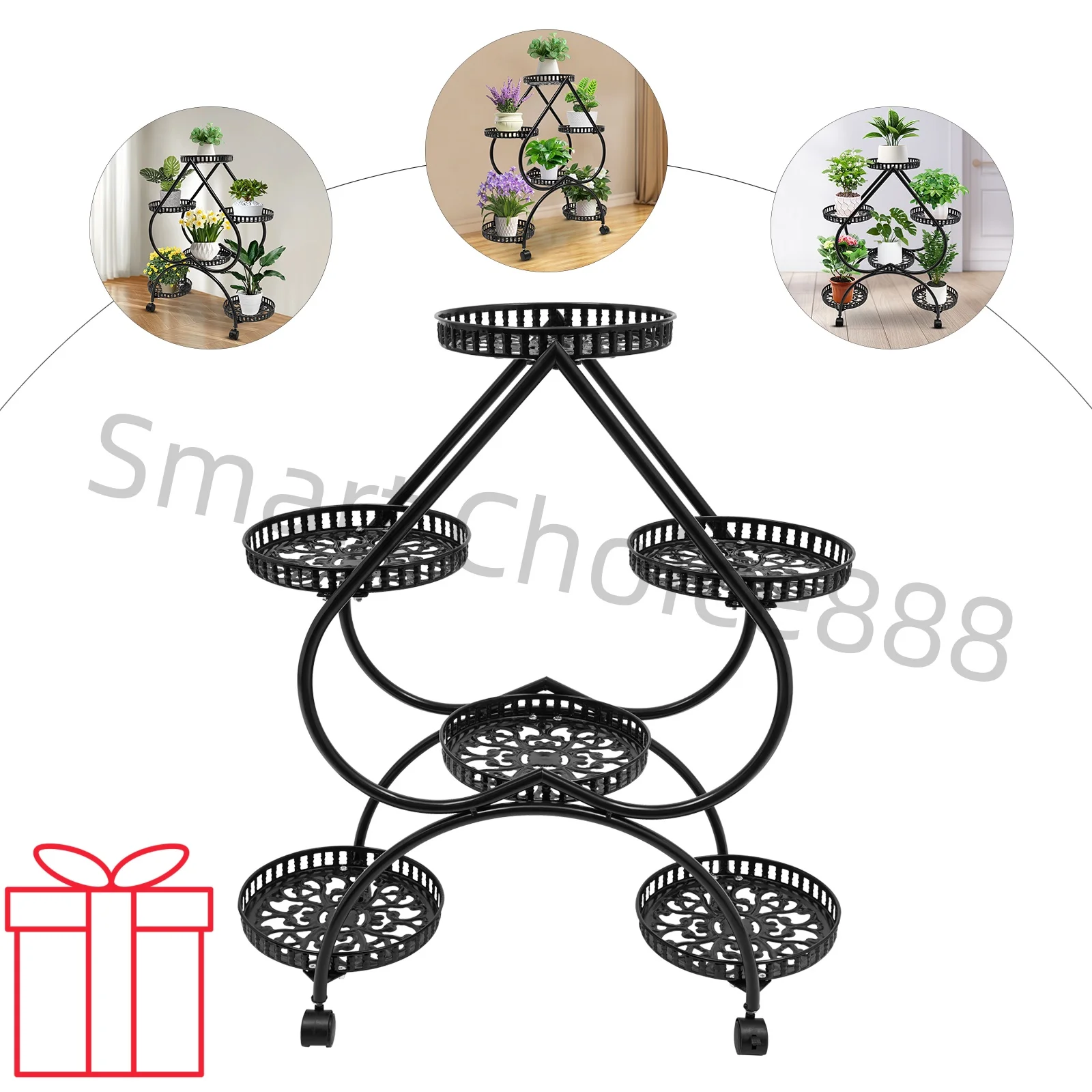 

4-Tier Heart Shape Flower Pot Trays Stand Iron Plant Stand Movable & Lockable Wheels 7.5kg Capacity per Tray Plant Display Rack