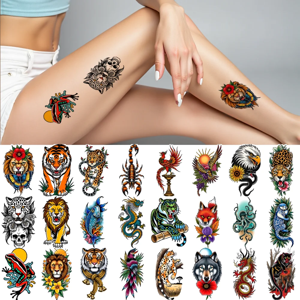 

28pcs Temporary Tattoo Lion Waterproof Long-lasting Body Stickers Scorpion Hummingbird Tattoo Stickers Dragon Arm Fake Tattoos