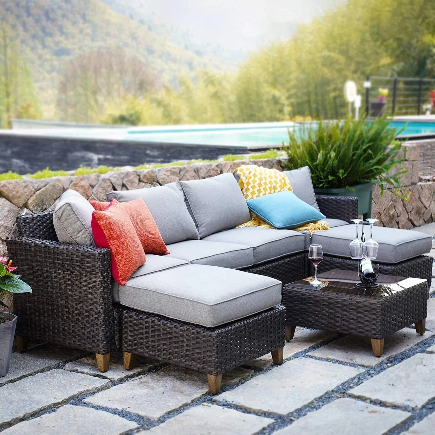 Sofa garnituren Gartenmöbel-Sets, Pe Wicker Terrassen möbel Schnitts ofa mit dicken Olefin-Kissen für Garten Garten Veranda