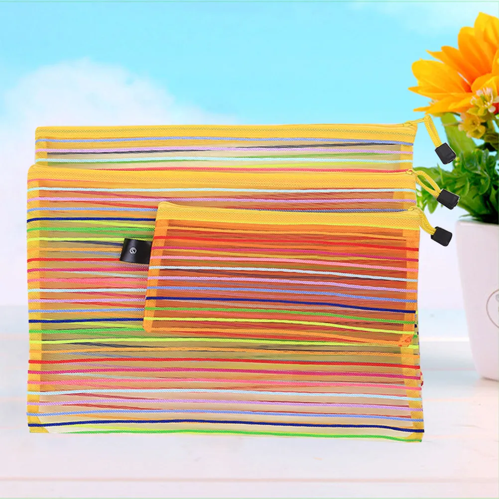 

3Pcs Vibrant Mesh File Bag Set Nylon Zipper Organizer Pouches A4 A5 B6 Clear View Document Holder Portable Stationery Storage