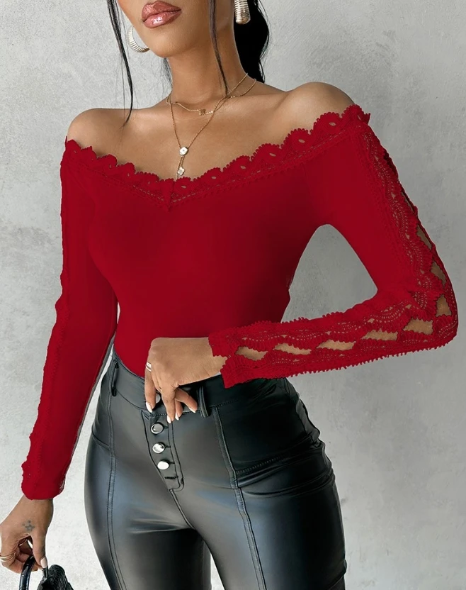Elegant Women's T-Shirt 2024 Summer New Women's One Shoulder Slim Fit Lace Hollow Splice Slim Fit Long Sleeve Basic Casual Top - Image 3