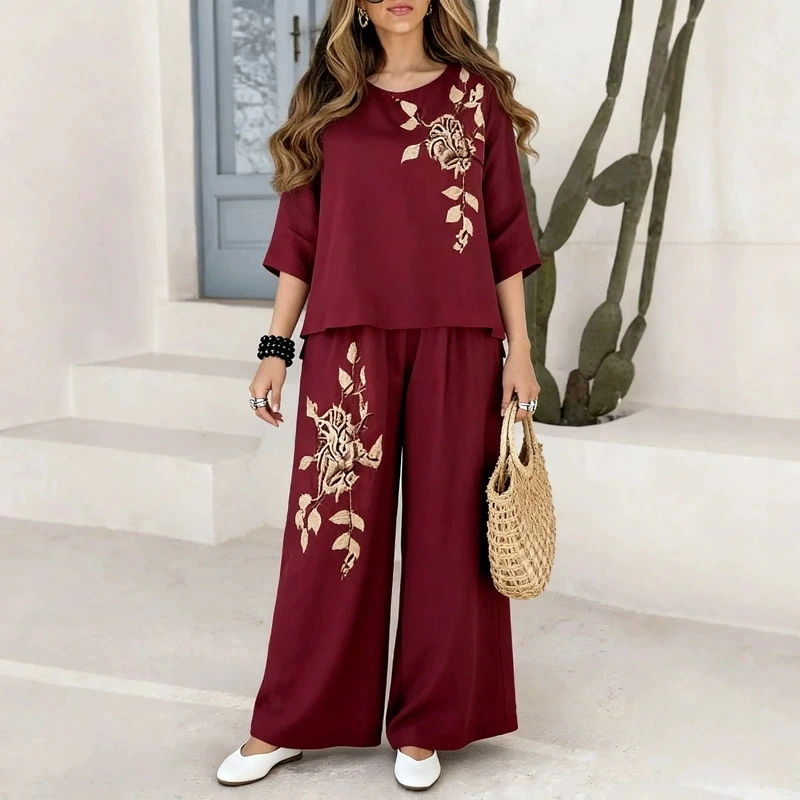 

Summer New Loose Solid Color Commute Outfits Elegant Lady Pocket Pants Set Casual Print O-neck Pullovers And Wide Leg Pants Sets