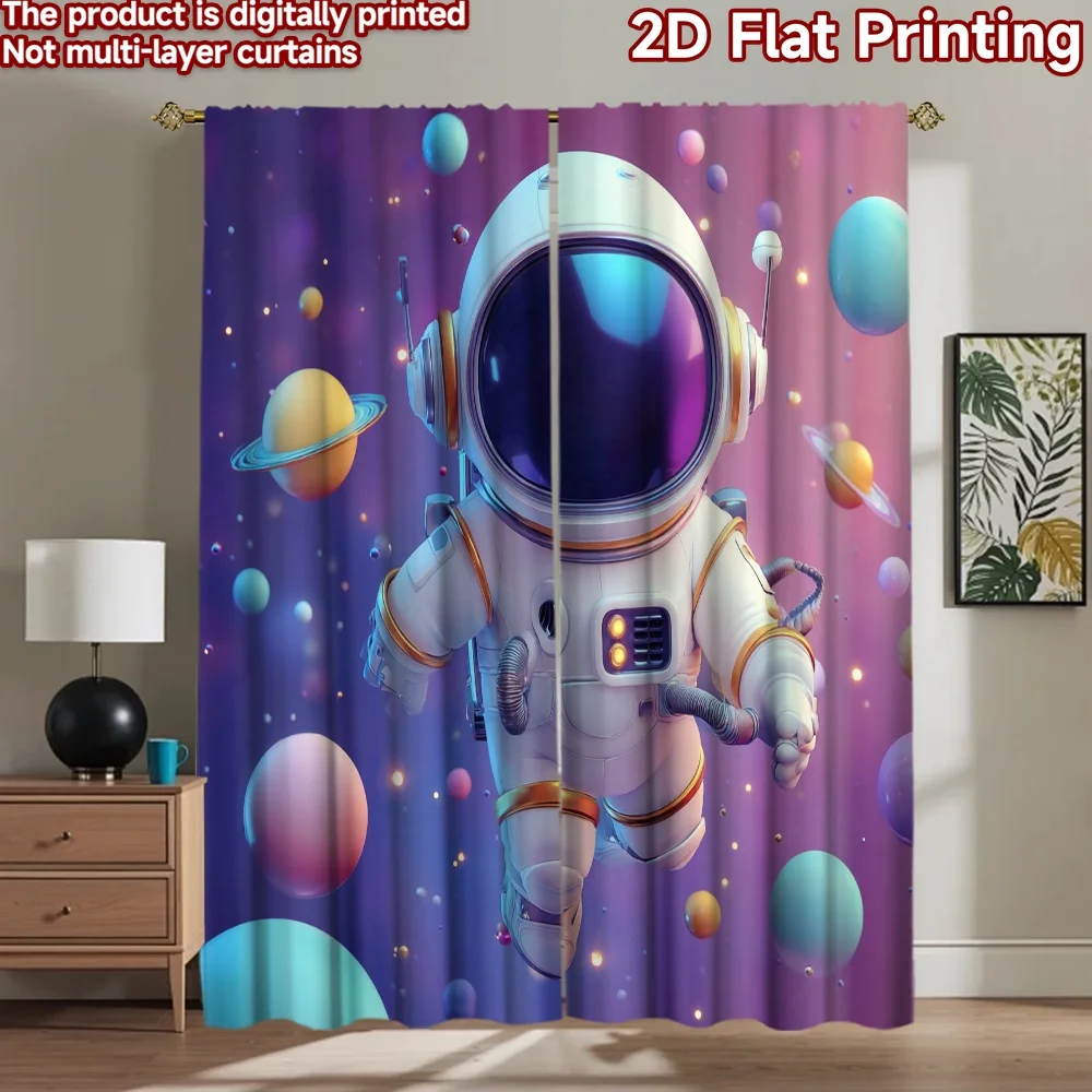 2D flat printing 2pcs Window Curtains Cute Astronaut Space Planet Digital Printed Polyester Drapes Family Party Decoration for