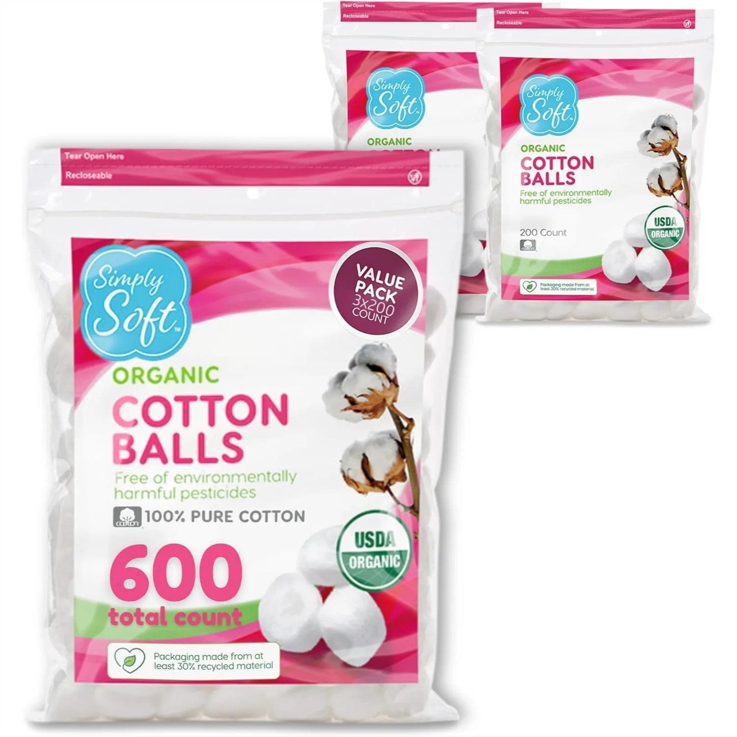 

Simply Soft Premium Organic Cotton Balls 600 Count 3 Bags, 100% Pure Certified Hypoallergenic Large Soft Absorbent for Beauty
