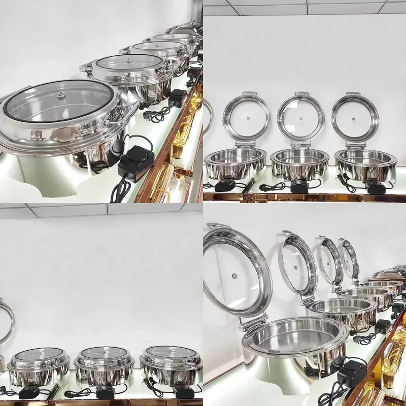 Electric Stainless Steel Food Warmer Buffet Set with Glass Lid for Serving Storing