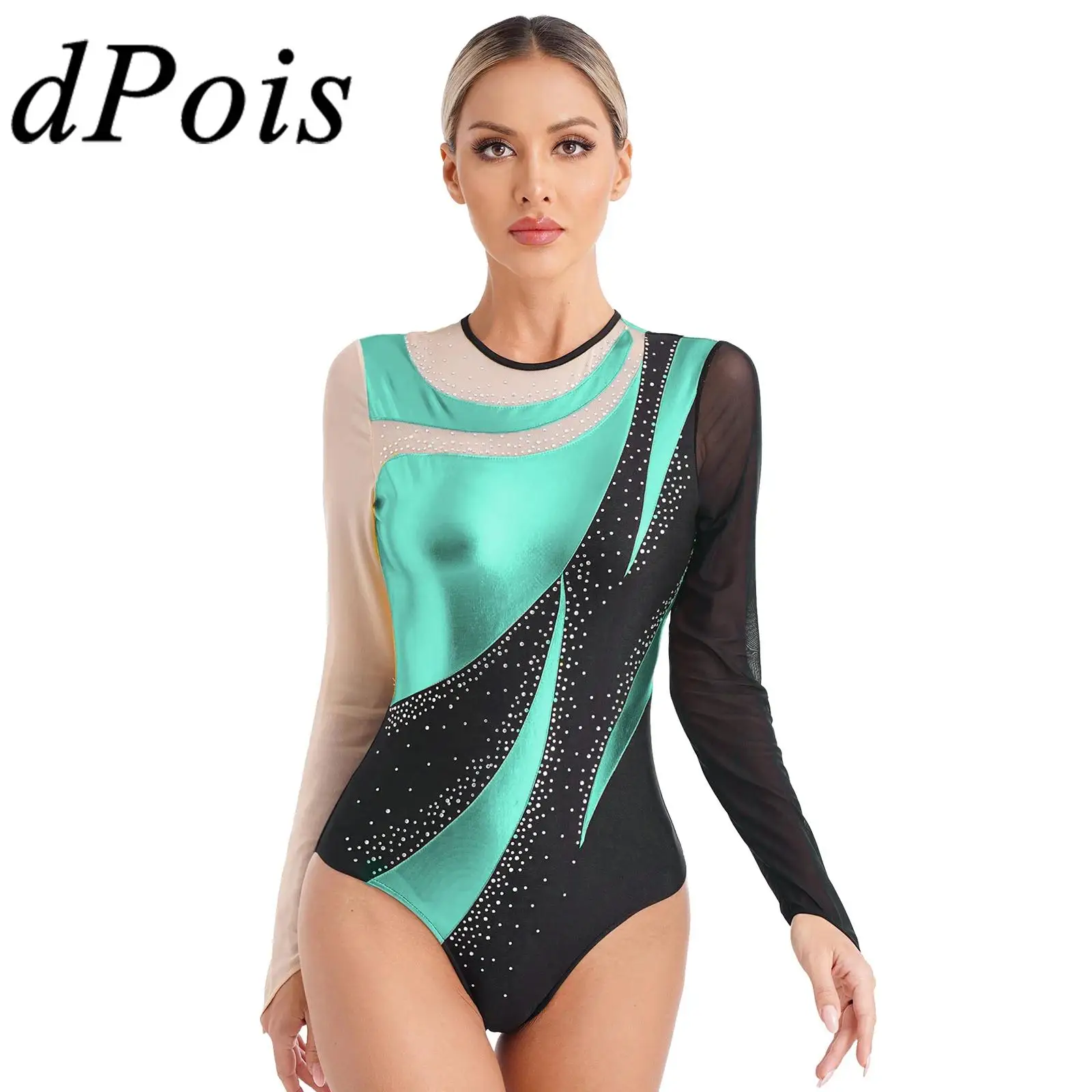 แขนยาว Leotard สตรีจังหวะยิมนาสติก Jumpsuit METALLIC บัลเล่ต์ Patchwork สเก็ตชุดบอดี้สูท Ballerina เสื้อผ้า