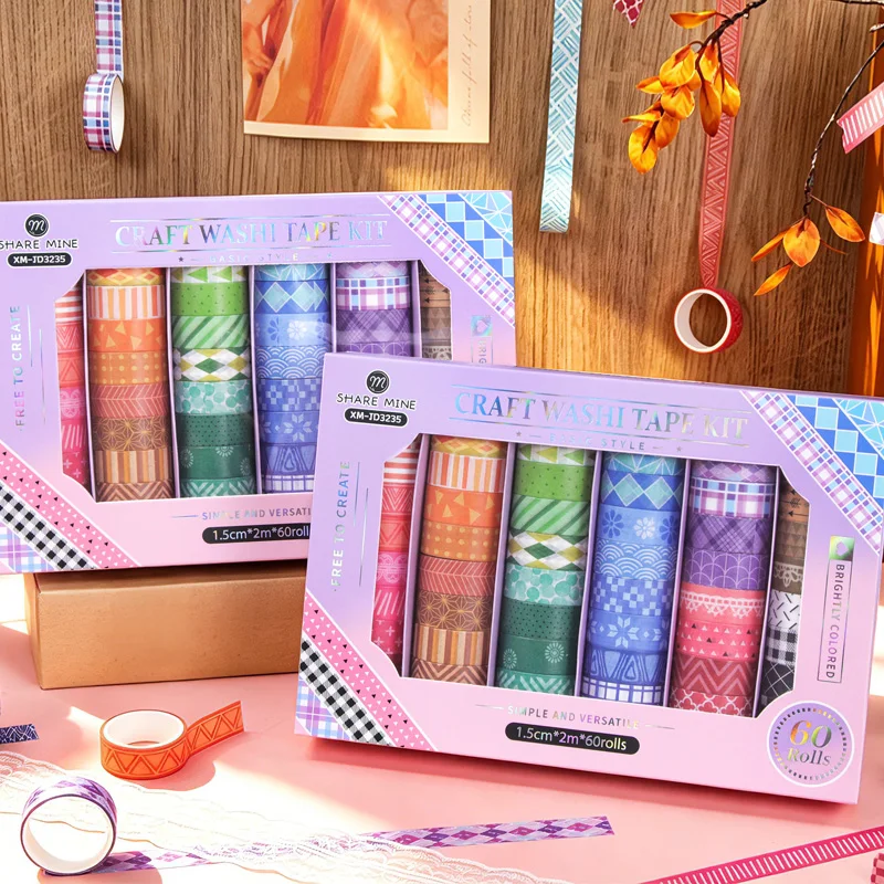 Basic Geometric Pattern Washi Tape Set, 60/120 Rolls, Basic Style Colorful Craft Tape for Journal Scrapbook Planner & DIY Crafts