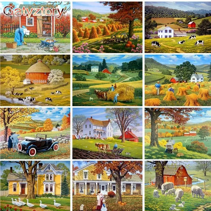 GATYZTORY Paint By Number Village Landscape Kits Handpainted Picture By Number Scenery Drawing On Canvas Home Decoration Diy Gif