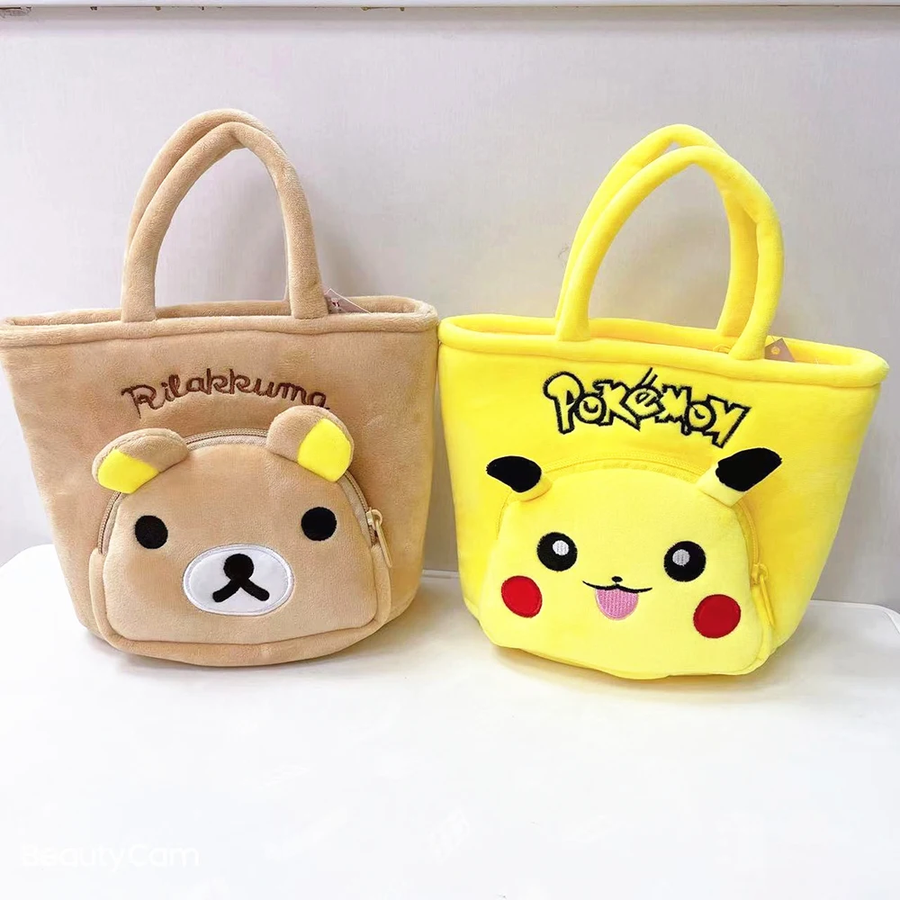 Kawaii Sanrio Hello Kitty Handbag Cartoon Cinnamoroll Plush Handbag Pikachu Pooh Bear Lunch Bag Snack Storage Bag Girl Gift