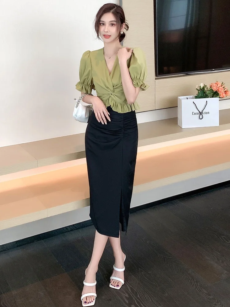 

Summer New Arrival High Waist Asymmetrical Hem ort Sve V-Ne Top And Skirt Two-Piece Set Ele Ladylike Sle