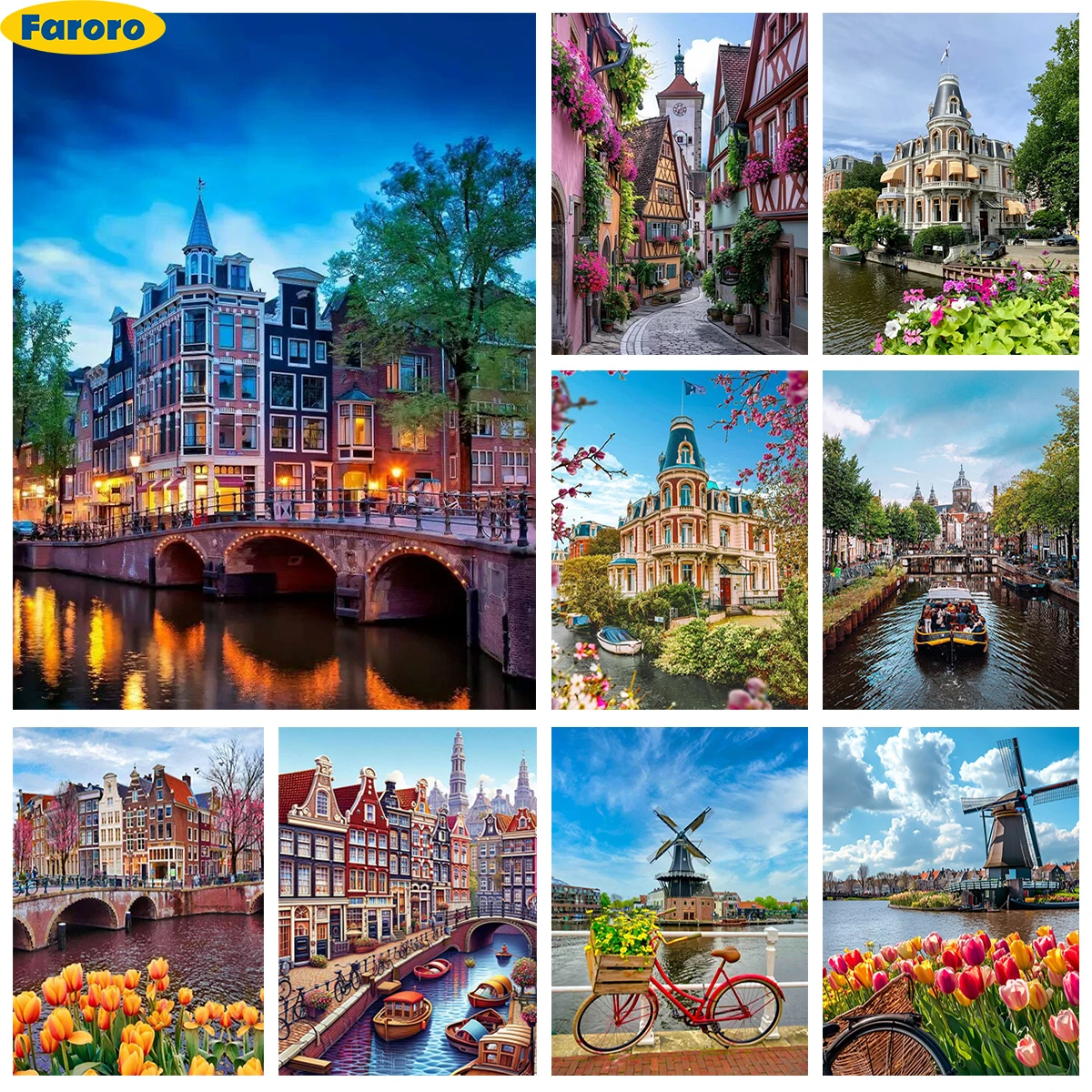 

Amsterdam Diy Diamond Painting Netherlands city scenery 5D Diamond Embroidery Hand Rhinestone Cross Stitch Home Wall Decor