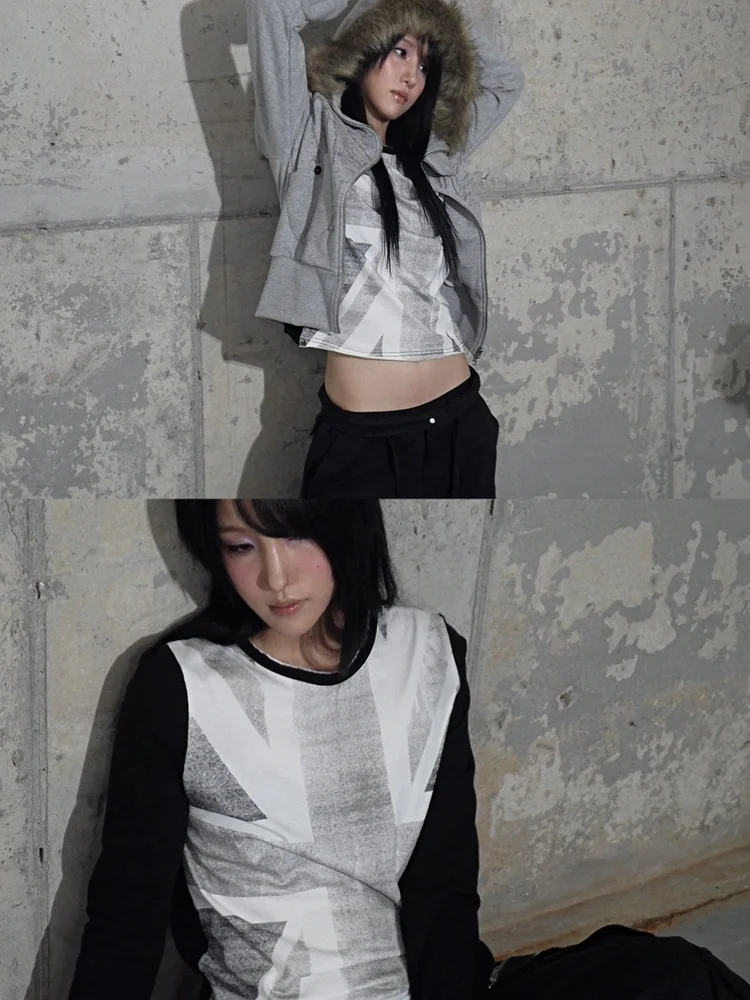 

Unique SEI Korean Sle Street Faion Retro Cross Spliced Long Sve ort T-irt Women's Top Breathable Comfortable Casual