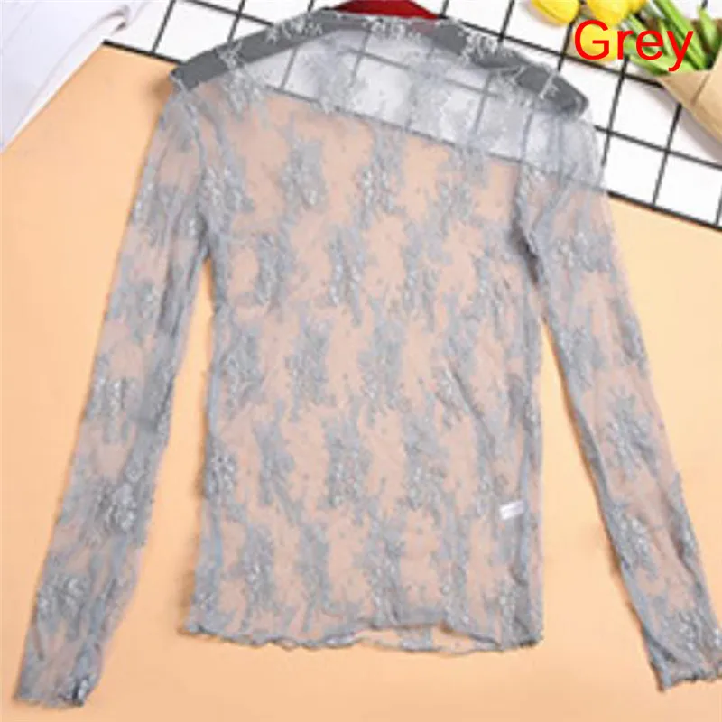 Korea Stil Mesh T Shirt Spitze Blume Unter Shirt Langarm Transparent T-shirt Sexy Schwarz Spitze Durchsichtig Mesh T Tops Frauen – Detail 13