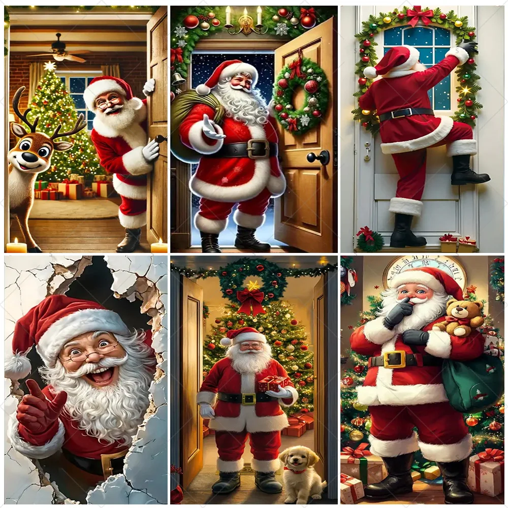 

Merry Christmas Theme Door Cover Decoration Backdrop Santa Claus Reindeer Background Indoor Outdoor Porch Banner Party Supplies