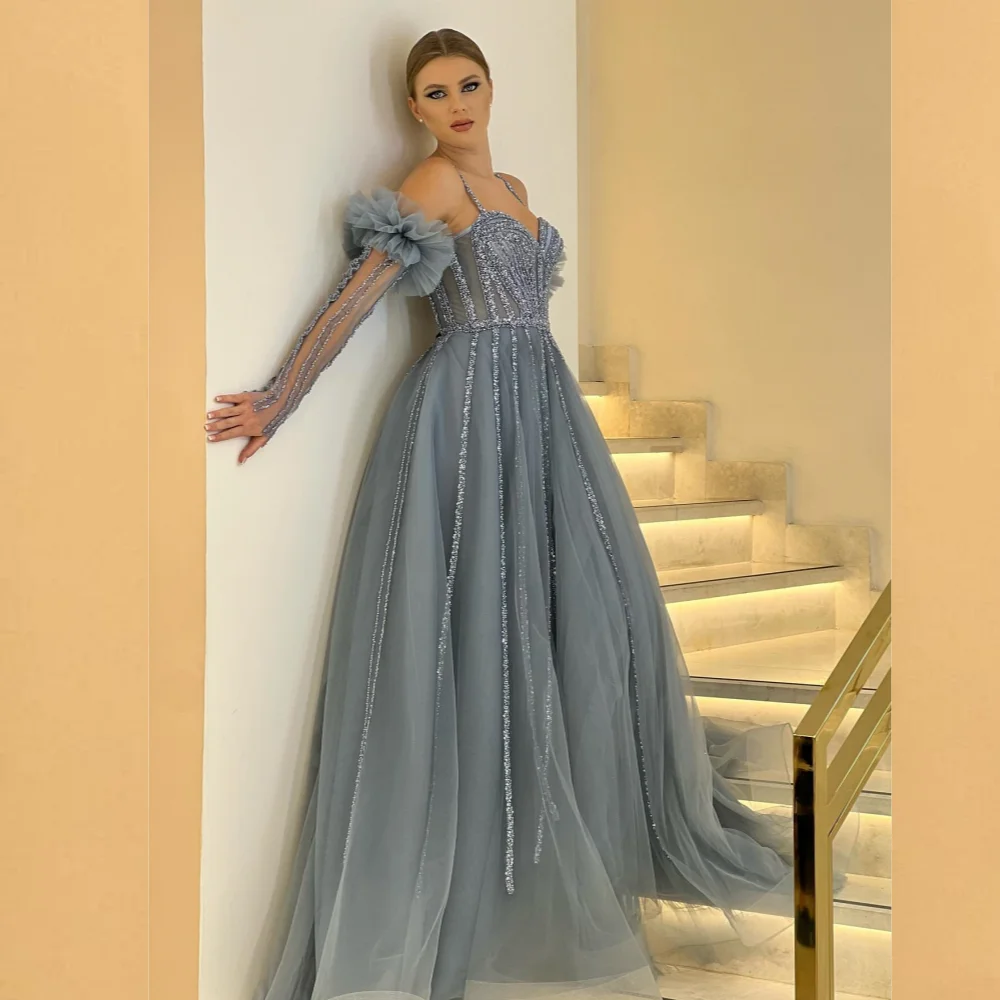 

Tulle Rhinestone Graduation A-line Spaghetti Strap Bespoke Occasion Gown Long Dresses