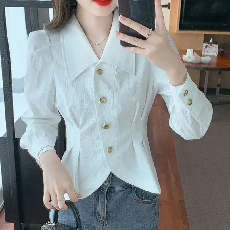 Elegant Pleated Slim Short Blouse Long Sleeve Polo Neck Button Solid Fashion Shirt Tops Spring New Korean Office Women Clothing