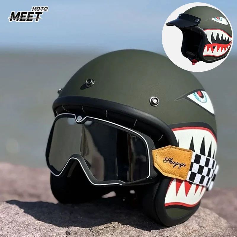 

Мотошлем-полуоткрытка в стиле ретро, цвета хаки, с дизайном «Акулья пасть», для мотокросса, аксессуар для мотоцикла, шлем 3/4