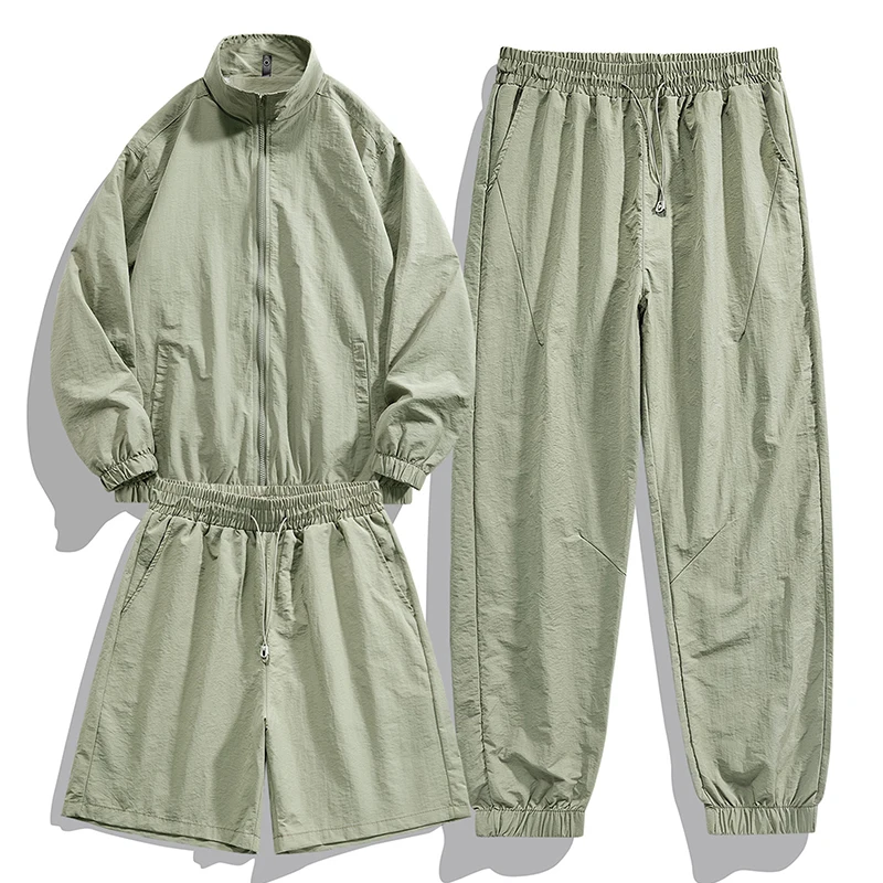 Men's Long Pants and Shorts Three Piece Set Summer Fashion Trend Versatile Set Outdoor Sports and Leisure UV Resistant Jacket