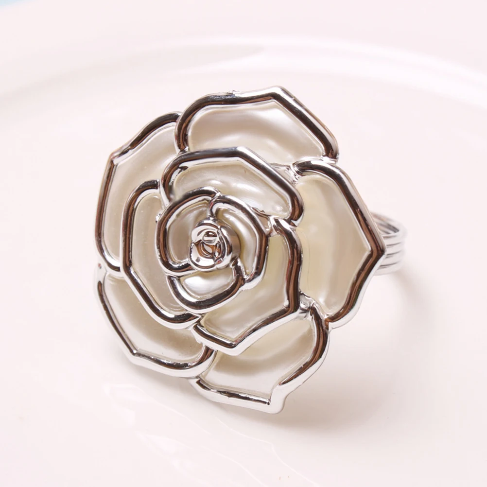 

6pcs Rose Shape Napkin Holder Crystal Pearl Decor Buckle for Wedding Banquet Party Table Home Hotel Restaurant Bar Napkin Ring